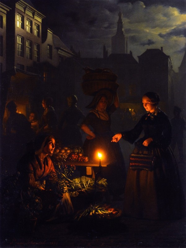 Market stalls by Petrus van Schendel